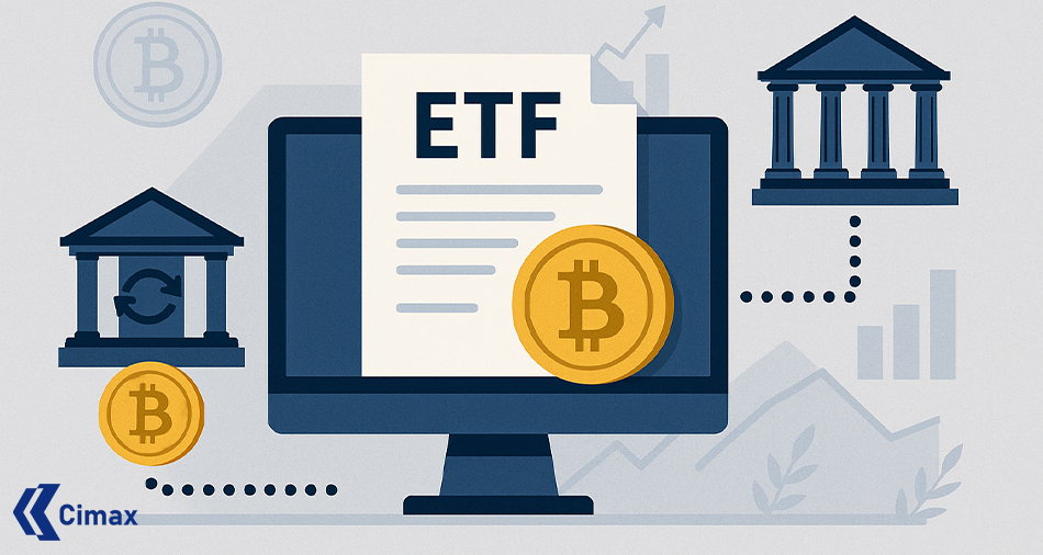 نمودار شماتیک از فرآیند راه‌اندازی و مدیریت ETF رمزارزی شامل نماد بیت‌کوین، اتریوم و لایت‌کوین و نمودارهای میله‌ای و صعودی